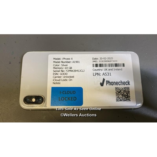 9564 - APPLE IPHONE X / A1901 / SILVER/64GB / IMEI-353039096873659 (I-CLOUD LOCKED)