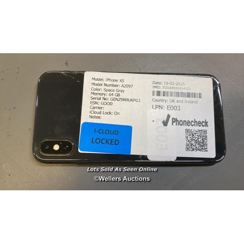 9576 - APPLE IPHONE XS / A2097 / SPACE GRAY/64GB / IMEI-35316410144123 (I-CLOUD LOCKED) (SCREEN DAMAGED)