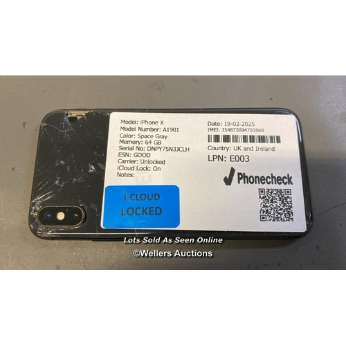 9577 - APPLE IPHONE X / A1901 / SPACE GRAY/64GB / IMEI-354873094793868 (I-CLOUD LOCKED) (BACK GLASS DAMAGED... 