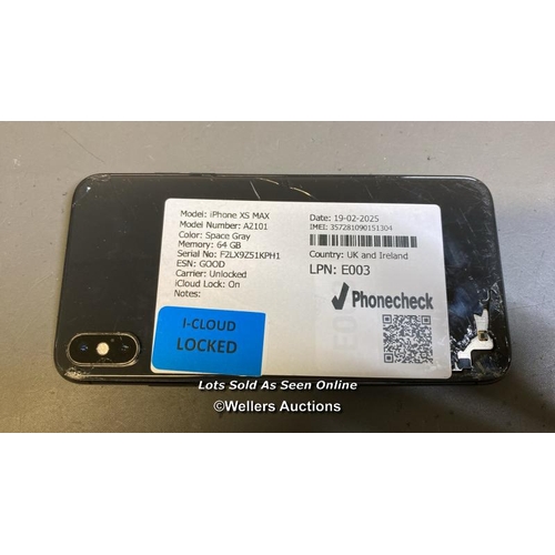 9607 - APPLE IPHONE XS MAX / A2101 / SPACE GRAY/64GB / IMEI-357281090151304 (I-CLOUD LOCKED) (BACK DAMAGED)