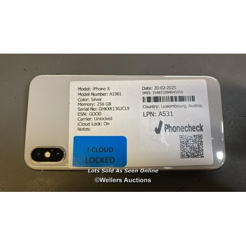 9613 - APPLE IPHONE X / A1901 / SILVER/256GB / IMEI-3548710940045958 (I-CLOUD LOCKED)