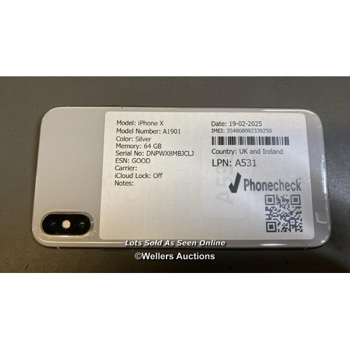 9622 - APPLE IPHONE X / A1901 / SILVER/64GB / IMEI-354868092339250 (I-CLOUD UNLOCKED)