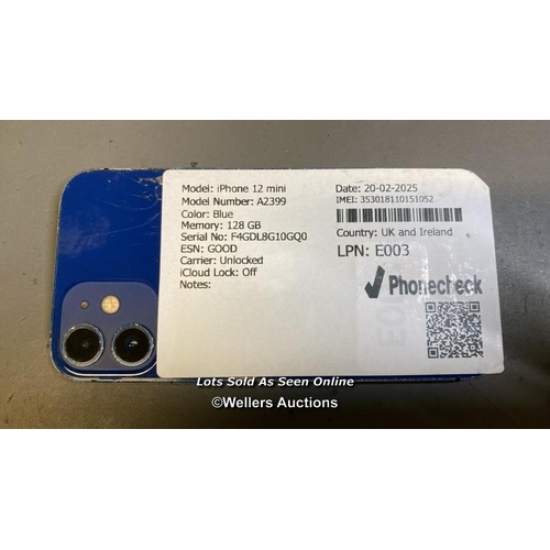 9637 - APPLE IPHONE 12 MINI / A2399 / BLUE/128GB / IMEI-353018110151052 (I-CLOUD UNLOCKED) (BACK DAMAGED)