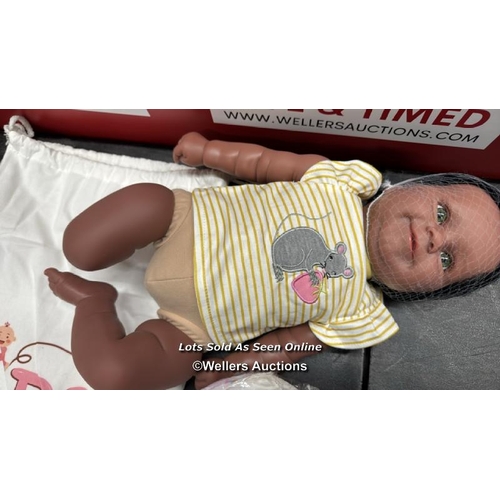 2033 - MINEEQU 20 INCH 50CM REAL BABY SIZE AFRICAN AMERICAN HAND ROOTED CURLY HAIR NEWBORN SMILING DOLL, BL... 