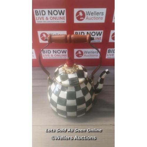 8007 - RRP: 180 - MACKENZIE CHILDS ENAMEL 2QRT TEA KETTLE  / LID HANDLE SLIGHTLY LOOSE