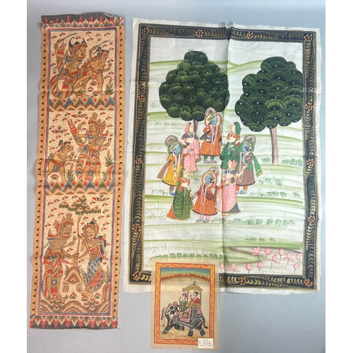 119 - Three vintage indian paintings, two on silk 23 x 84cm, 51 x 72cm and 18 x 23cm / AN42