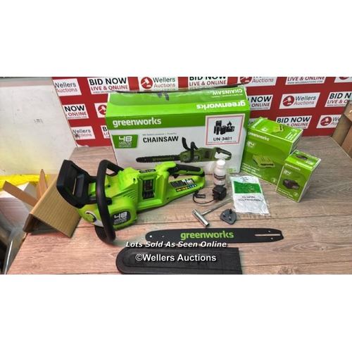 4031 - GREENWORKS 48V 36CM CORDLESS BRUSHLESS CHAINSAW + 2 X 24V (4AH) BATTERY & 2AH TWIN CHARGER BUNDLE / ... 