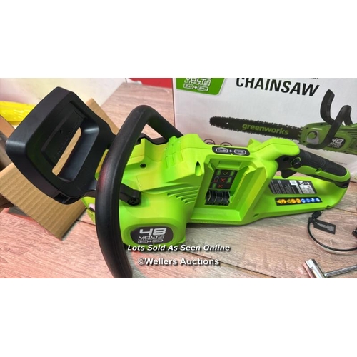 4031 - GREENWORKS 48V 36CM CORDLESS BRUSHLESS CHAINSAW + 2 X 24V (4AH) BATTERY & 2AH TWIN CHARGER BUNDLE / ... 