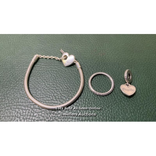 9740 - SILVER X3 INC. PANDORA BRACELET, PANDORA RING, HEART PINGENT