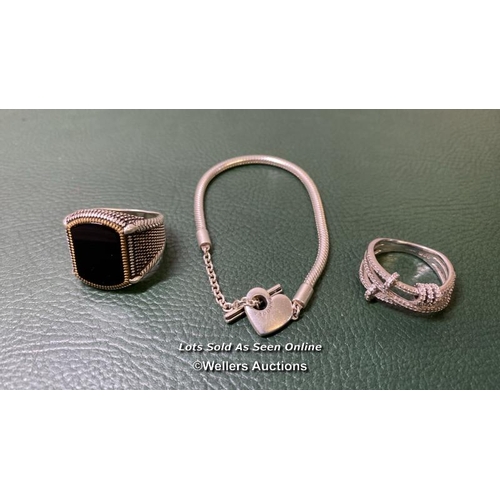 9745 - SILVER X3 INC. PANDORA BRACELET, BLACK STONE RING, APM SHINE STONES RING