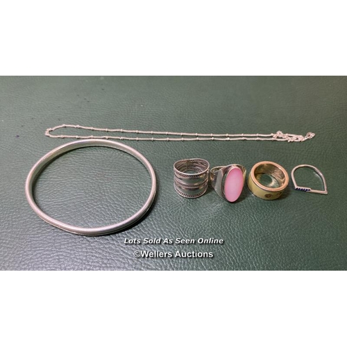 9748 - SILVER X6 INC. NECKLACE, BRACELET, DOUBLE RING, PINK STONE RING, YELLOW RING, BLUE STONE RING