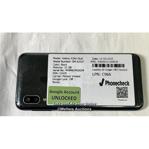 9758 - SAMSUNG GALAXY A20E DUAL/ SM-A202F/ BLACK/32GB/ IMEI-3583601011668636 (GOOGLE ACCOUNT UNLOCKED)