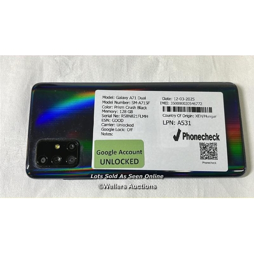 9759 - SAMSUNG GALAXY A71 DUAL/ SM-A715F/ PEISM CRUSH BLACK/128GB/ IMEI-350000020546772 (GOOGLE ACCOUNT UNL... 