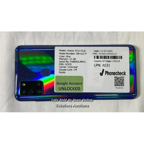 9760 - SAMSUNG GALAXY A21S DUAL/ SM-A217F/ BLUE/32GB/ IMEI-351832194405123 (GOOGLE ACCOUNT UNLOCKED)