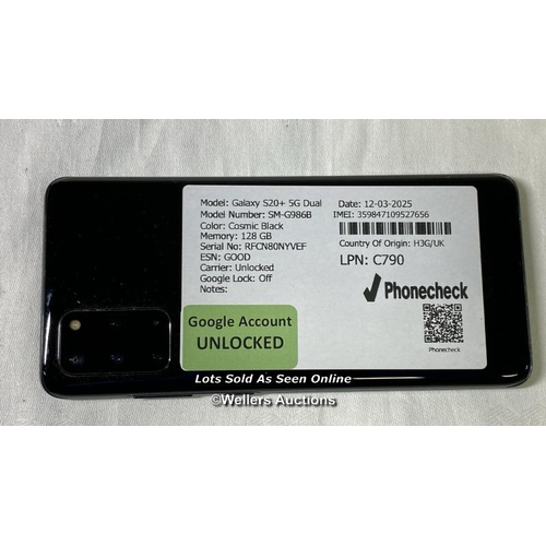 9764 - SAMSUNG GALAXY S20+ 5G DUAL/ SM-G986B/ COSMIC BLACK/128GB/ IMEI-359847109527656 (GOOGLE ACCOUNT UNLO... 