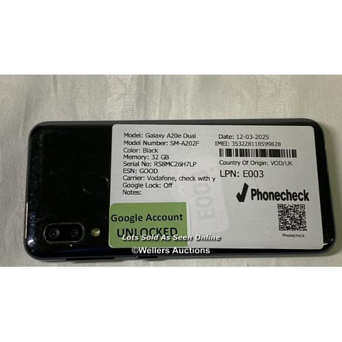 9767 - SAMSUNG GALAXY A20E DUAL/ SM-A202F/ BLACK/32GB/ IMEI-353228118599828 (GOOGLE ACCOUNT UNLOCKED) (SCRE... 