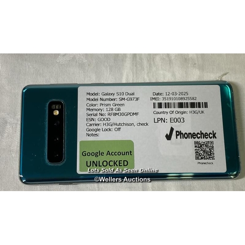 9771 - SAMSUNG GALAXY S10 DUAL/ SM-G973F/ PRISM GREEN/128GB/ IMEI-351910108925582 (GOOGLE ACCOUNT UNLOCKED)