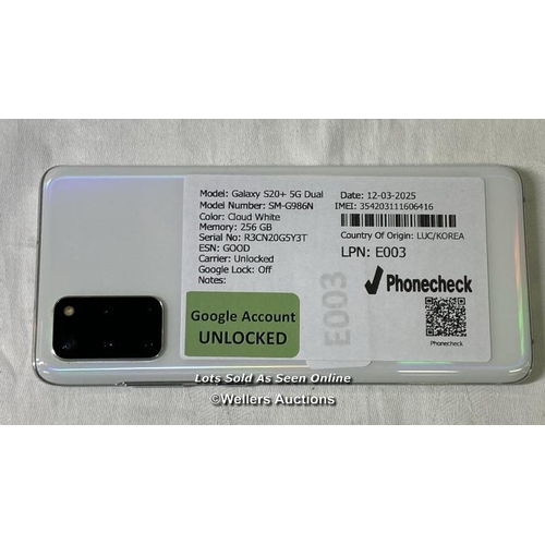 9772 - SAMSUNG GALAXY S20+ 5G DUAL/ SM-G986N/ CLOUD WHITE/256GB/ IMEI-354203111606416 (GOOGLE ACCOUNT UNLOC... 