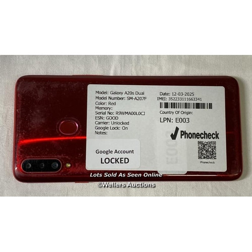 9776 - SAMSUNG GALAXY A20S DUAL/ SM-A207F/ RED/ IMEI-352233111663341 (GOOGLE ACCOUNT LOCKED)(SCREEN DAMAGED... 