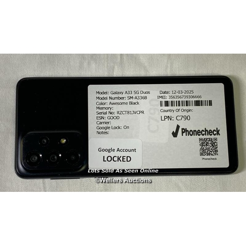 9780 - SAMSUNG GALAXY A33 5G DUOS/ SM-A336B/ AWESOME BLACK/ IMEI-356356739306666 (GOOGLE ACCOUNT LOCKED)