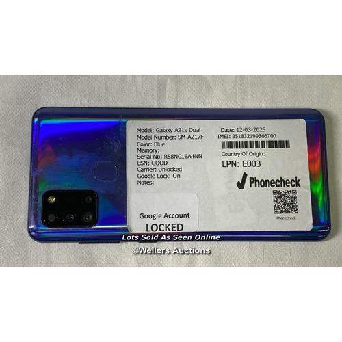 9781 - SAMSUNG GALAXY A21S DUAL/ SM-A217F/ BLUE/ IMEI-351832199366700 (GOOGLE ACCOUNT LOCKED)