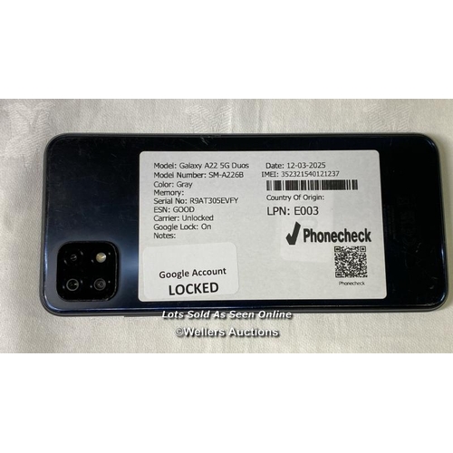 9793 - SAMSUNG GALAXY A22 5G DUOS/ GRAY/ IMEI-352321540121237 (GOOGLE ACCOUNT LOCKED)