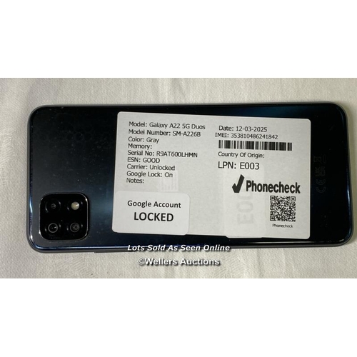 9805 - SAMSUNG GALAXY A22 5G DUOS/ GRAY/ IMEI-353810486241842 (GOOGLE ACCOUNT LOCKED) (SCREEN CRACKED)