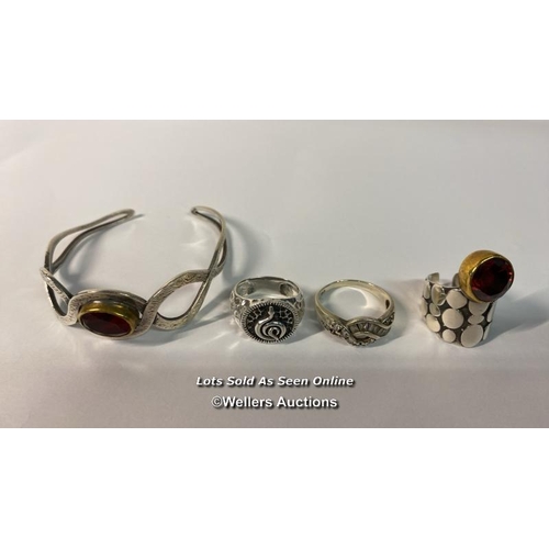 9919 - SILVER X4 INC. RE STONE BRACELET, SNAKE RING, SHINE STONE RING, RED STONE RING