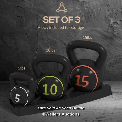 8021 - RRP: 28.99 - SPORTNOW THREE-PIECE KETTLEBELL SET, 5LBS, 10LBS, 15LBS WITH STORAGE TRAY / BOXED / NOT... 