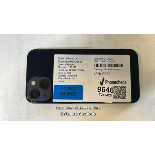 9646 - IPHONE 13/ A2633/ MIDNIGHT/128GB/ IMEI-359773710321877 (I-CLOUD LOCKED)