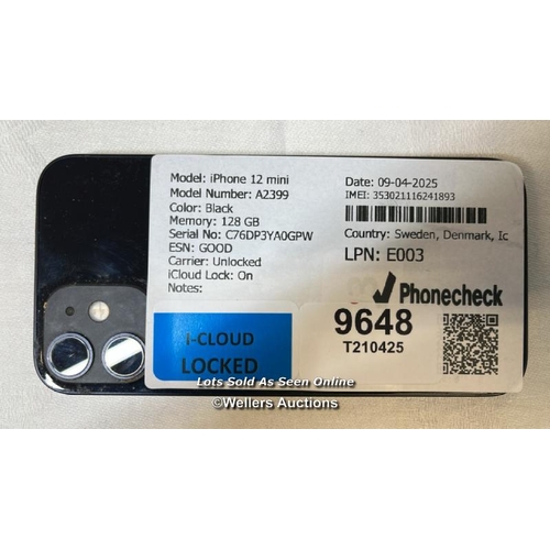 9648 - IPHONE 12 MINI/ A2399/BLACK/128GB/ IMEI-353021116241893 (I-CLOUD LOCKED)
