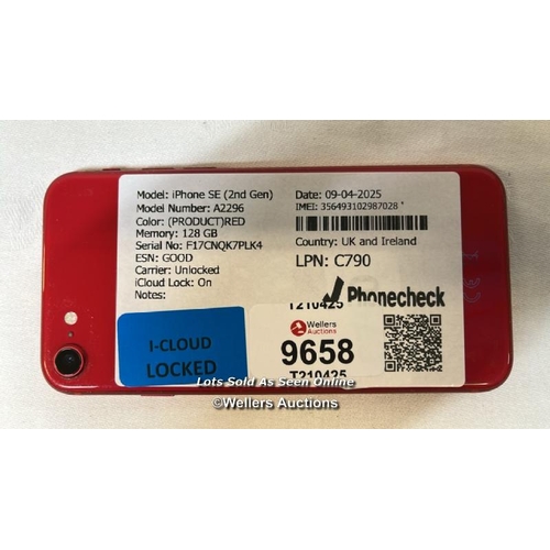 9658 - IPHONE SE(2ND GEN) A2296/ RED/128GB/ IMEI-356493102987028 (I-CLOUD LOCKED)
