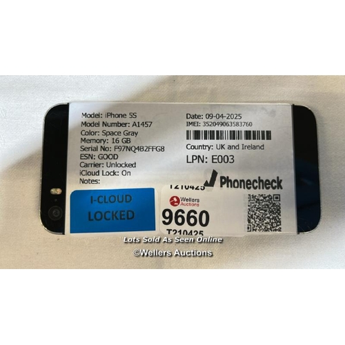 9660 - IPHONE 5S/ A1457/ SPACE GRAY/16GB/ IMEI-352049063583760 (I-CLOUD LOCKED)