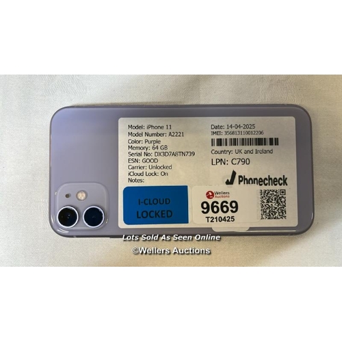 9669 - IPHONE 11/ A2221/ PURPLE/64GB/ IMEI-356813110012206 (I-CLOUD LOCKED)