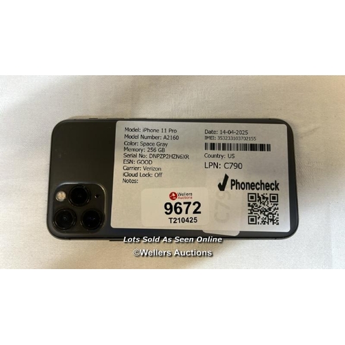 9672 - IPHONE 11 PRO/ A2160/ SPACE GRAY/256GB/ IMEI-353233103702155 (I-CLOUD UNLOCKED)