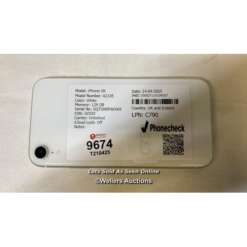 9674 - IPHONE XR/ A2105/ WHITE/128GB/ IMEI-356827110109507 (I-CLOUD UNLOCKED)