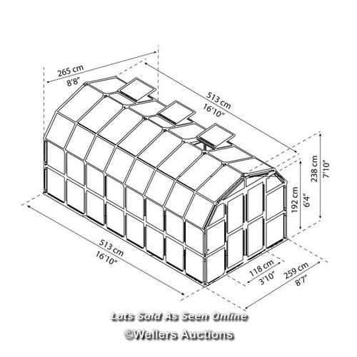 9027 - RRP: 2999.99 - CANOPIA BY PALRAM RION GREENHOUSE / SIZE: 237.5 CM H X 267 CM W X 514 CM D / 3 BOXES ... 