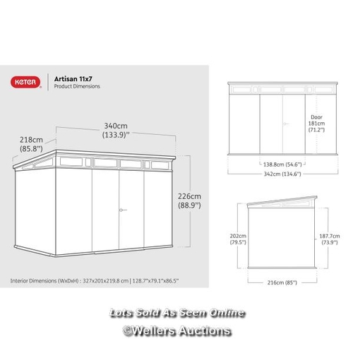 9065 - RRP: 1698.88 - KETER KETER ARTISAN 11 FT. W X 7 FT. D PENT OUTDOOR GARDEN SHED / INCOMPLETE / 2 X BO... 