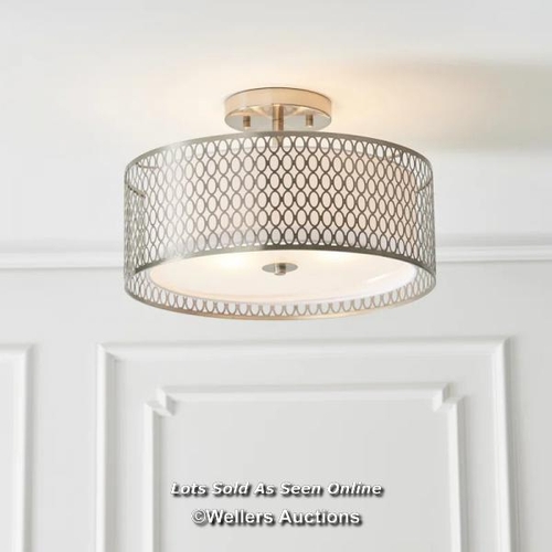 9071 - RRP: 84.99 - MERCER41 ERIKA 3-LIGHT 43CM SEMI FLUSH MOUNT / FIXTURE FINISH: SATIN NICKEL/WHITE FABRI... 