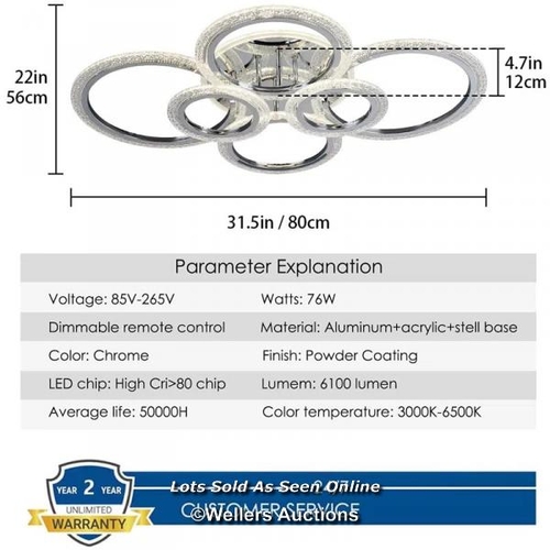 9082 - RRP: 129.99 - BLUE ELEPHANT ELORA 6-LIGHT 80CM ACRYLIC LED FLUSH MOUNT / SEE IMAGES / BOX NOT FULLY ... 