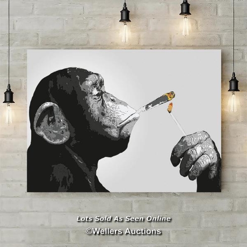 9116 - RRP: 62.99 - HAPPY LARRY MONKEY CHIMP SMOKING SPLIFF - WRAPPED CANVAS PAINTING PRINT / SIZE: 84CM H ... 