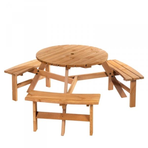 8070 - RRP: 189.99 - OUTSUNNY 6 SEATER WOODEN PICNIC TABLE AND GARDEN BENCHES SET, ROUND GARDEN DINING SET ... 