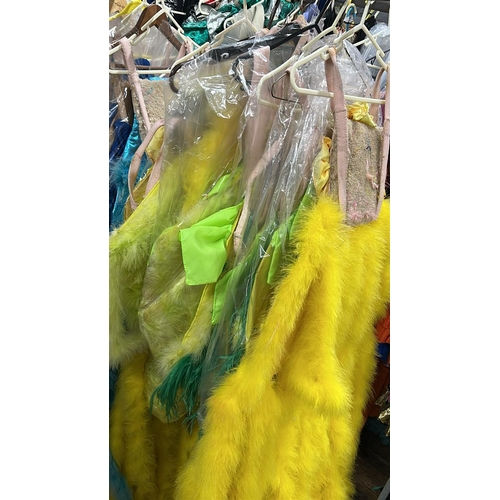 76 - Ten stage used showgirl yellow / yellow & green feather back pieces / Rail 4