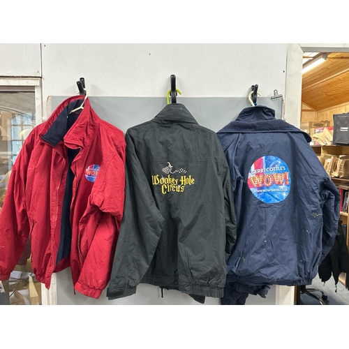 85 - Four worn outdoor coats from Gerry's Cottles 'Wow Show' and Wookey Hole./Rail 4