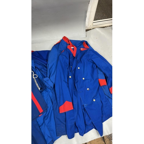 87 - A collection of 'stage worn' military style circus costume 3/4 length jackets, jackets, trousers and... 