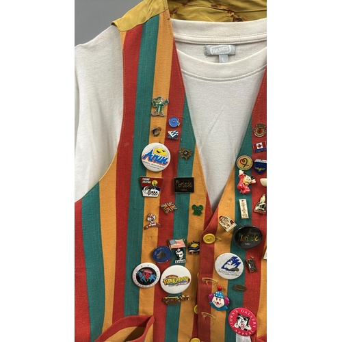 119 - Stage worn clown costume to include waistcoat with assorted pin badges, oversize shorts with braces,... 