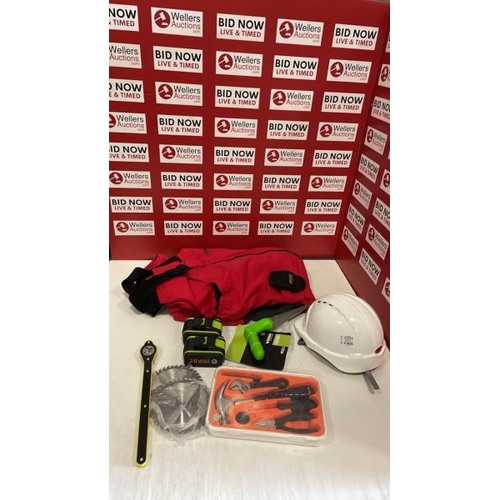 8284 - BAG TOOLS RELATED SUNDRIES INC. X2 NEW 20V MAX LITHIUM 5.0AH BATTERIES, OVERALLS, SAFETY HELMET ETC ... 
