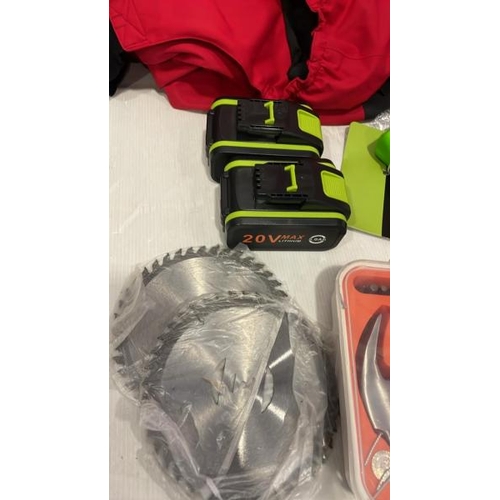 8284 - BAG TOOLS RELATED SUNDRIES INC. X2 NEW 20V MAX LITHIUM 5.0AH BATTERIES, OVERALLS, SAFETY HELMET ETC ... 
