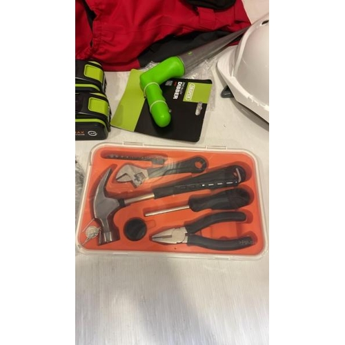8284 - BAG TOOLS RELATED SUNDRIES INC. X2 NEW 20V MAX LITHIUM 5.0AH BATTERIES, OVERALLS, SAFETY HELMET ETC ... 