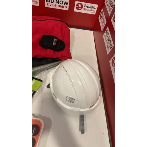 8284 - BAG TOOLS RELATED SUNDRIES INC. X2 NEW 20V MAX LITHIUM 5.0AH BATTERIES, OVERALLS, SAFETY HELMET ETC ... 